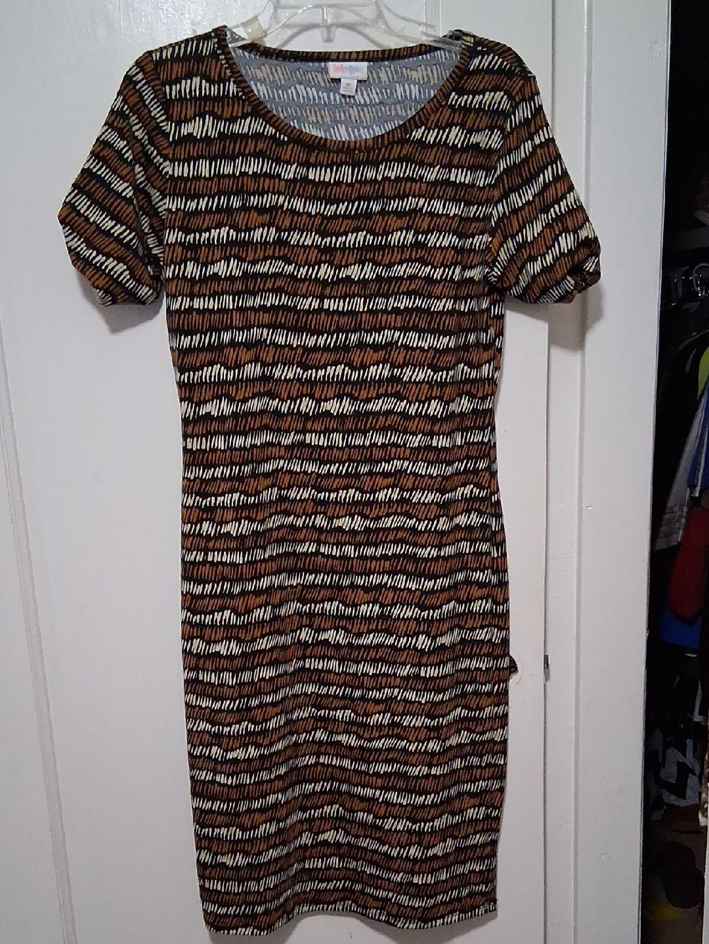 LuLaRoe Brown Black Cream Striped Midi Dress